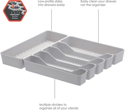 HEXA 5-Divider Expandable Silverware Tray (Stone Gray) - In-Drawer Organizer for Kitchen Accessories, Cutlery, Knives, & More / Easy-to-Clean Home & Apartment Essential