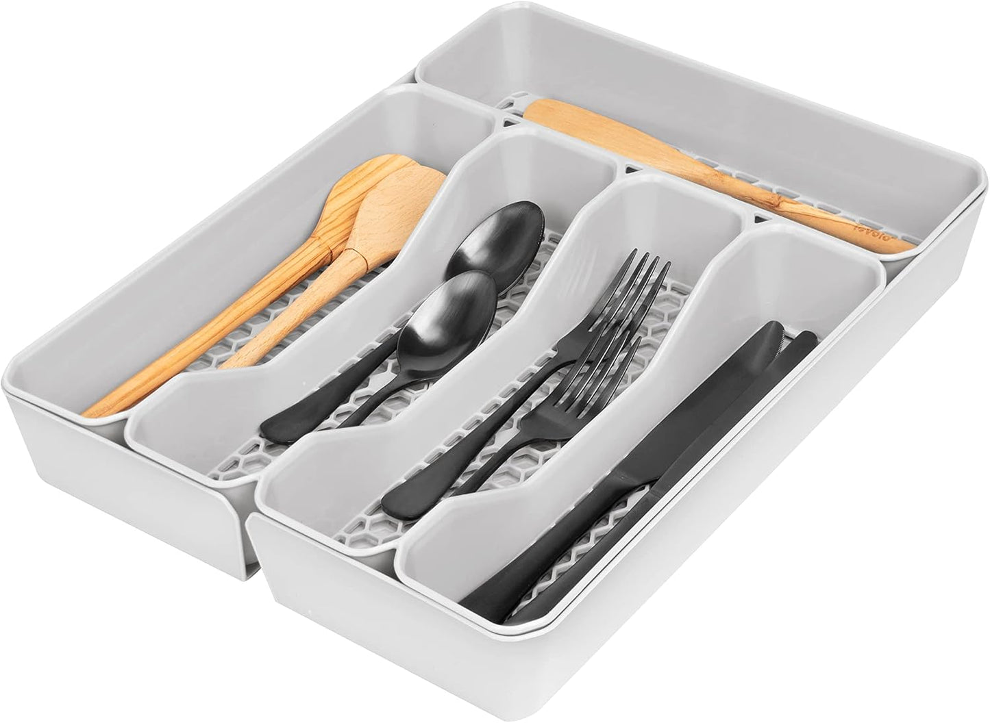 HEXA 5-Divider Expandable Silverware Tray (Stone Gray) - In-Drawer Organizer for Kitchen Accessories, Cutlery, Knives, & More / Easy-to-Clean Home & Apartment Essential