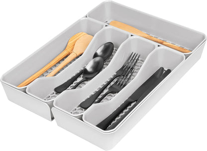HEXA 5-Divider Expandable Silverware Tray (Stone Gray) - In-Drawer Organizer for Kitchen Accessories, Cutlery, Knives, & More / Easy-to-Clean Home & Apartment Essential