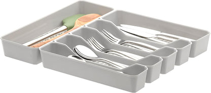 HEXA 5-Divider Expandable Silverware Tray (Stone Gray) - In-Drawer Organizer for Kitchen Accessories, Cutlery, Knives, & More / Easy-to-Clean Home & Apartment Essential