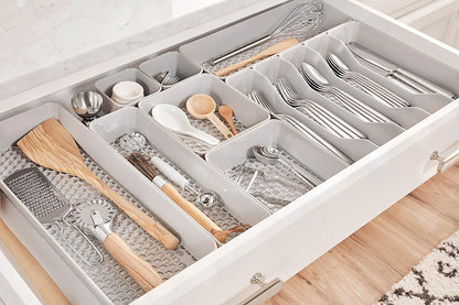 HEXA 5-Divider Expandable Silverware Tray (Stone Gray) - In-Drawer Organizer for Kitchen Accessories, Cutlery, Knives, & More / Easy-to-Clean Home & Apartment Essential