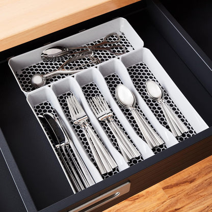 HEXA 5-Divider Expandable Silverware Tray (Stone Gray) - In-Drawer Organizer for Kitchen Accessories, Cutlery, Knives, & More / Easy-to-Clean Home & Apartment Essential