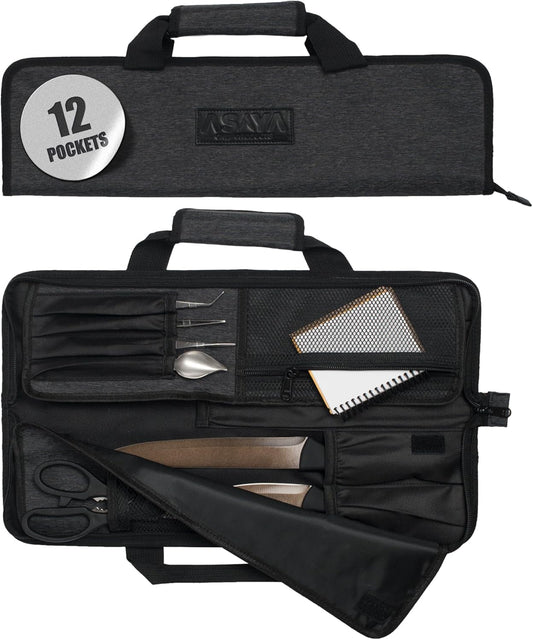 Asaya Chef Knife Roll Bag - 12-Pocket Chefs Case for Kitchen Knives and Utensils, Lightweight Stain-Resistant Waxed Nylon Chef Knife Bag - Knives Not Included (Black)