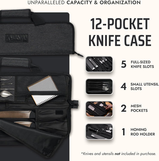 Asaya Chef Knife Roll Bag - 12-Pocket Chefs Case for Kitchen Knives and Utensils, Lightweight Stain-Resistant Waxed Nylon Chef Knife Bag - Knives Not Included (Black)