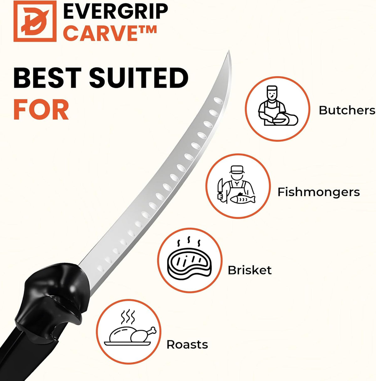 EverGrip Carve Carving Knife 10 Inch, High Carbon Stainless Steel Full Tang Granton Scimitar, Ergonomic Handle for Slicing Brisket, Carving Turkey & Filleting Fish, (Right Hand)