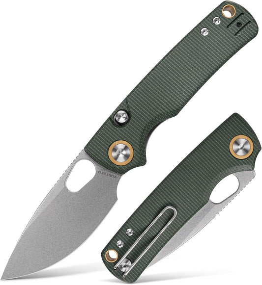 EDC Knife, 2.99" 14C28N Steel Wider Blade, Green Micarta Handle Top Liner Lock, Folding Pocket Knives with Clip for Men & Women, Survival Camping - Porcupine A2603