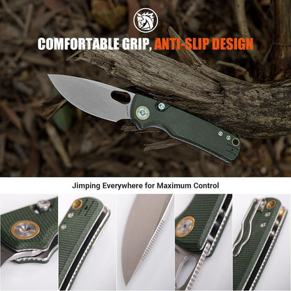 EDC Knife, 2.99" 14C28N Steel Wider Blade, Green Micarta Handle Top Liner Lock, Folding Pocket Knives with Clip for Men & Women, Survival Camping - Porcupine A2603