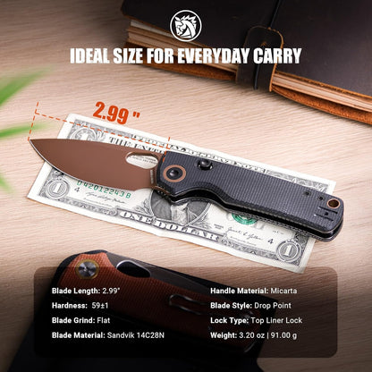 EDC Knife, 2.99" 14C28N Steel Wider Blade, Green Micarta Handle Top Liner Lock, Folding Pocket Knives with Clip for Men & Women, Survival Camping - Porcupine A2603