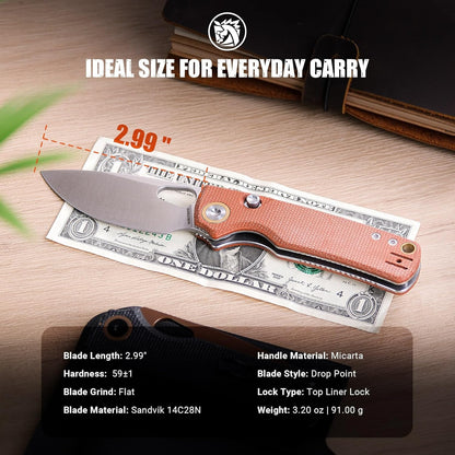 EDC Knife, 2.99" 14C28N Steel Wider Blade, Green Micarta Handle Top Liner Lock, Folding Pocket Knives with Clip for Men & Women, Survival Camping - Porcupine A2603