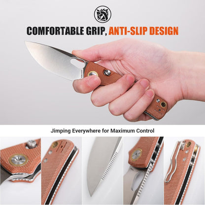 EDC Knife, 2.99" 14C28N Steel Wider Blade, Green Micarta Handle Top Liner Lock, Folding Pocket Knives with Clip for Men & Women, Survival Camping - Porcupine A2603