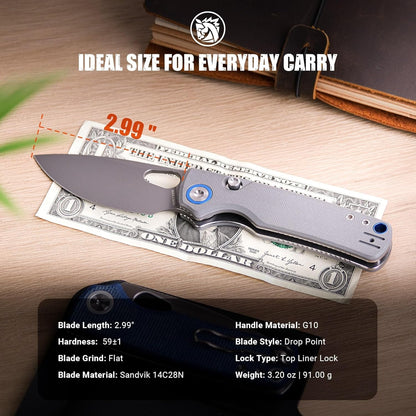 EDC Knife, 2.99" 14C28N Steel Wider Blade, Green Micarta Handle Top Liner Lock, Folding Pocket Knives with Clip for Men & Women, Survival Camping - Porcupine A2603