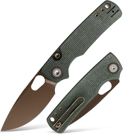 EDC Knife, 2.99" 14C28N Steel Wider Blade, Green Micarta Handle Top Liner Lock, Folding Pocket Knives with Clip for Men & Women, Survival Camping - Porcupine A2603