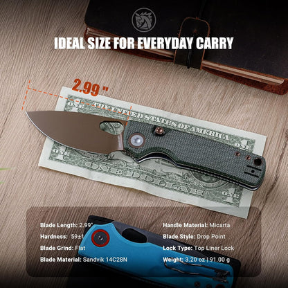 EDC Knife, 2.99" 14C28N Steel Wider Blade, Green Micarta Handle Top Liner Lock, Folding Pocket Knives with Clip for Men & Women, Survival Camping - Porcupine A2603