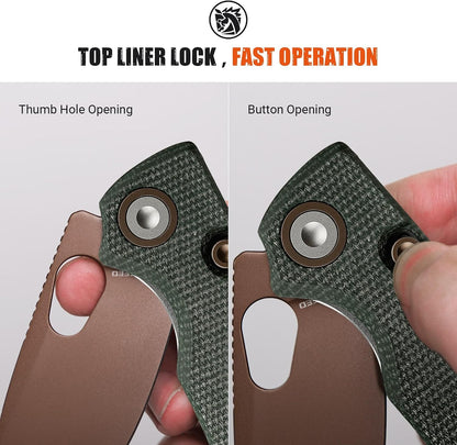 EDC Knife, 2.99" 14C28N Steel Wider Blade, Green Micarta Handle Top Liner Lock, Folding Pocket Knives with Clip for Men & Women, Survival Camping - Porcupine A2603