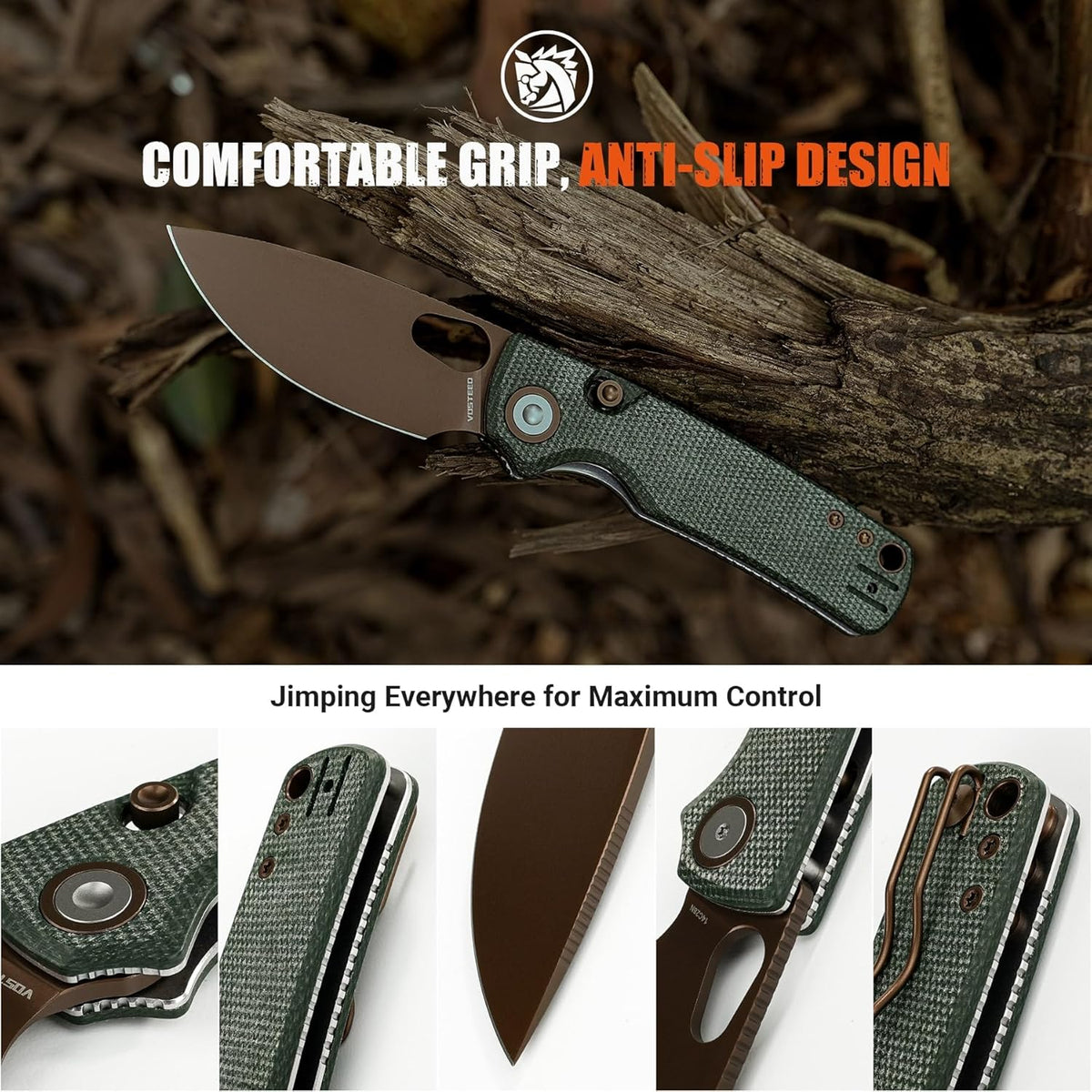 EDC Knife, 2.99" 14C28N Steel Wider Blade, Green Micarta Handle Top Liner Lock, Folding Pocket Knives with Clip for Men & Women, Survival Camping - Porcupine A2603