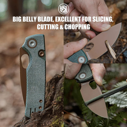 EDC Knife, 2.99" 14C28N Steel Wider Blade, Green Micarta Handle Top Liner Lock, Folding Pocket Knives with Clip for Men & Women, Survival Camping - Porcupine A2603