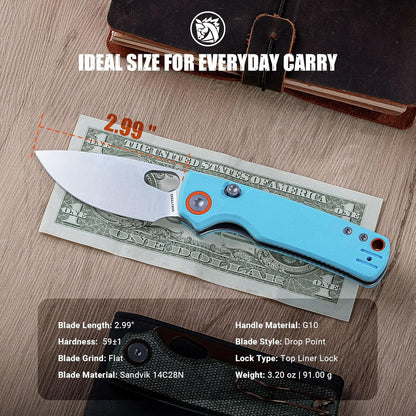 EDC Knife, 2.99" 14C28N Steel Wider Blade, Green Micarta Handle Top Liner Lock, Folding Pocket Knives with Clip for Men & Women, Survival Camping - Porcupine A2603