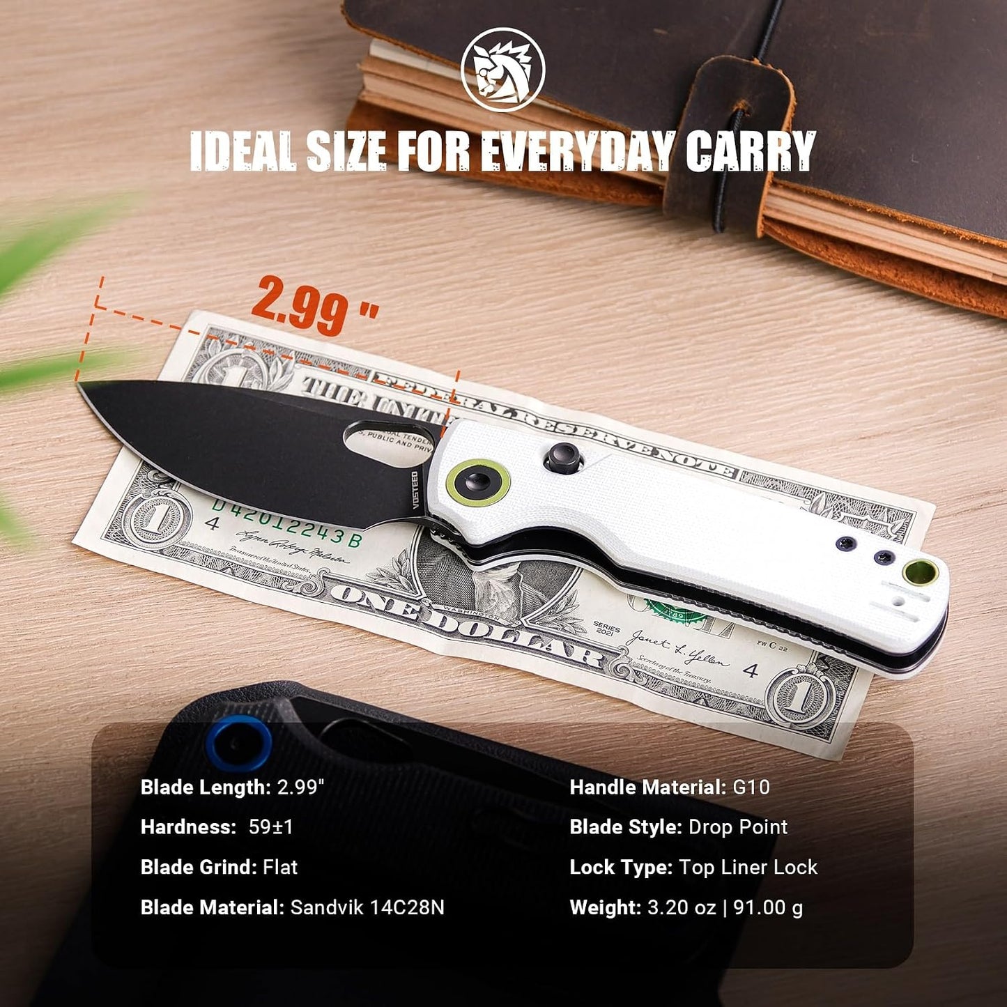 EDC Knife, 2.99" 14C28N Steel Wider Blade, Green Micarta Handle Top Liner Lock, Folding Pocket Knives with Clip for Men & Women, Survival Camping - Porcupine A2603