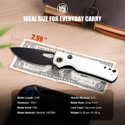EDC Knife, 2.99" 14C28N Steel Wider Blade, Green Micarta Handle Top Liner Lock, Folding Pocket Knives with Clip for Men & Women, Survival Camping - Porcupine A2603