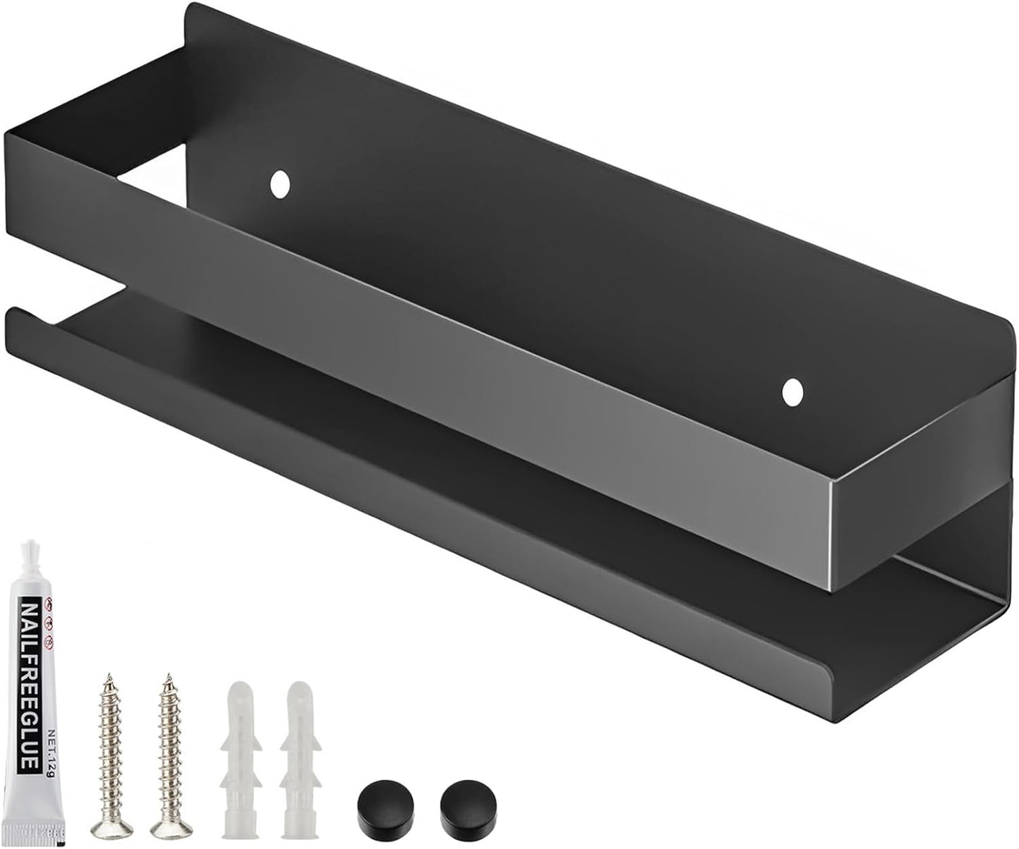 Floating Shelves Wall Mounted, Rustproof Stainless Steel Bathroom Shelf, Black Nail-Free Kitchen Spice Rack, Adhesive Storage Organizer for Shower & Home Decor