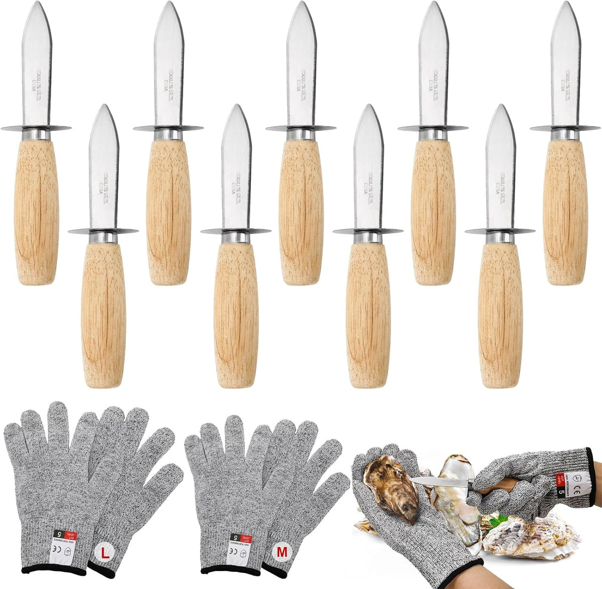 Oyster Shucking Knife Set, 9 Pack Stainless Steel Oyster Knifes with 2 Pairs Level 5 Cut-Resistant Gloves, Seafood Opener Kit Tools Gift for All Kinds of Oysters Clam Pearl Shell Shucking