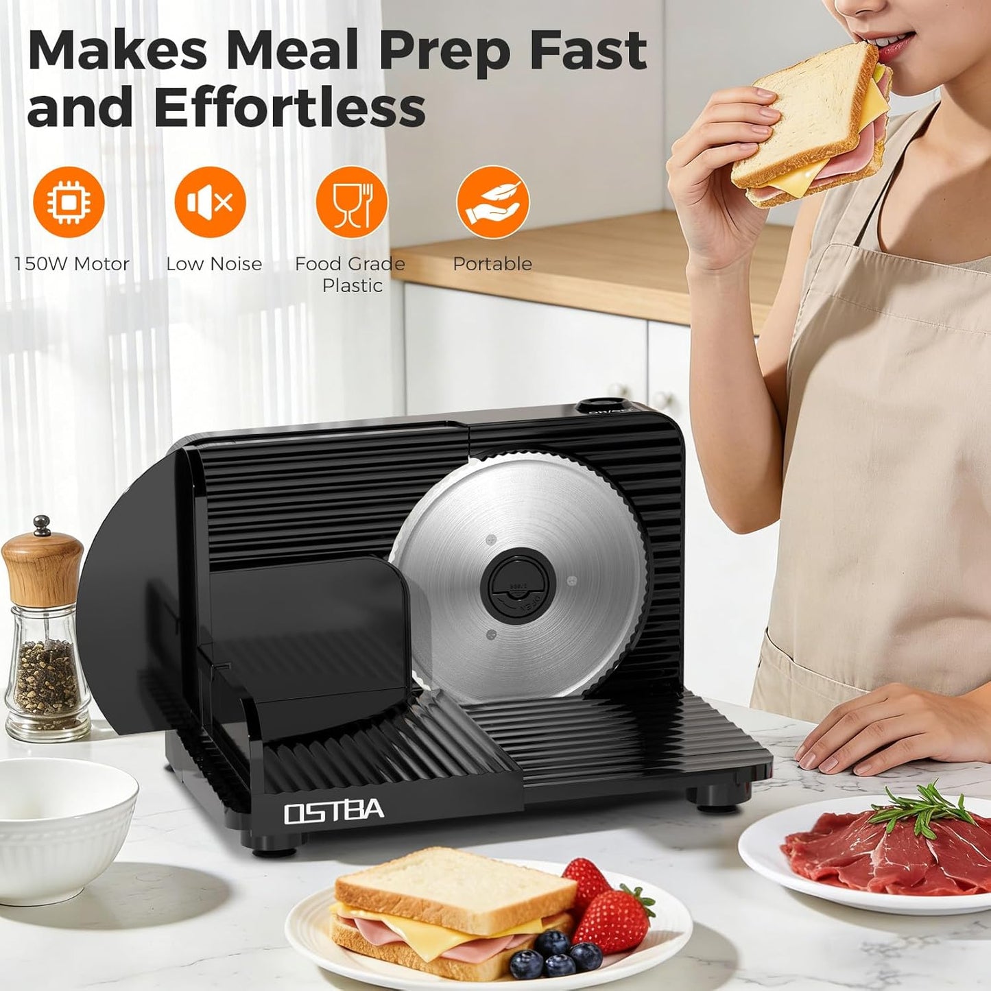 Foldable Electric Food Slicer, Adjustable Thickness 0–15mm, 6.7” Stainless Steel Blade, 150W Motor, Portable & Easy-to-Clean, Meat, Cheese, Bread, and Vegetable Slicer for Home Kitchen, Black