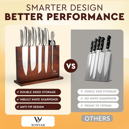 Acacia Wood Magnetic Knife Block with Sharpener — 14 x 10 in Double Sided Magnetic Knife Holder with Built-In Sharpener — Warm Wood Countertop Knife Display Stand for Knives, Scissors, & Tools