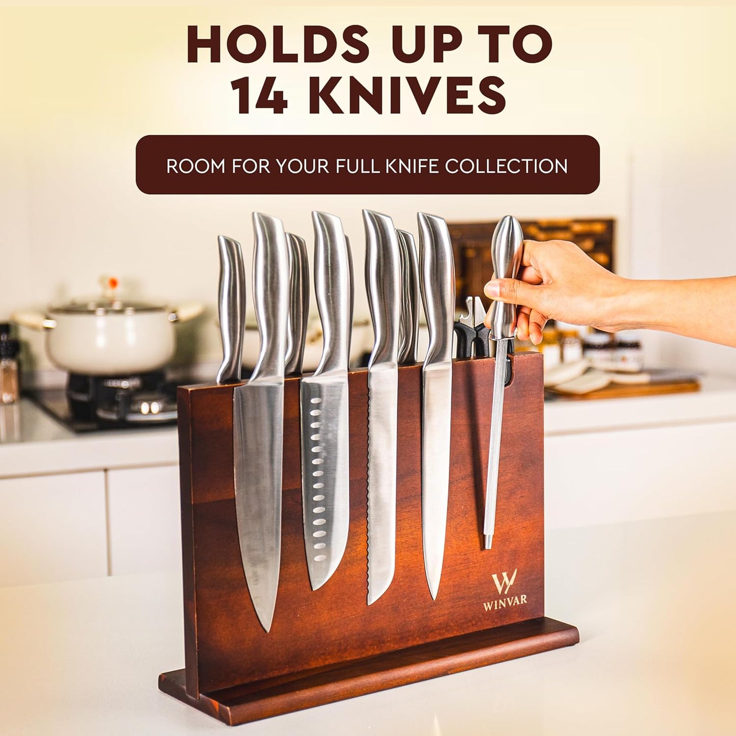 Acacia Wood Magnetic Knife Block with Sharpener — 14 x 10 in Double Sided Magnetic Knife Holder with Built-In Sharpener — Warm Wood Countertop Knife Display Stand for Knives, Scissors, & Tools