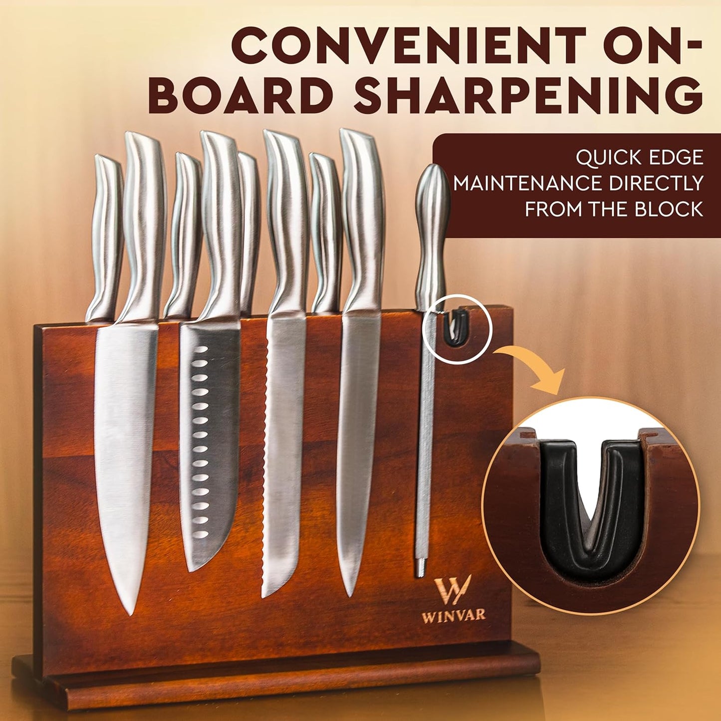 Acacia Wood Magnetic Knife Block with Sharpener — 14 x 10 in Double Sided Magnetic Knife Holder with Built-In Sharpener — Warm Wood Countertop Knife Display Stand for Knives, Scissors, & Tools