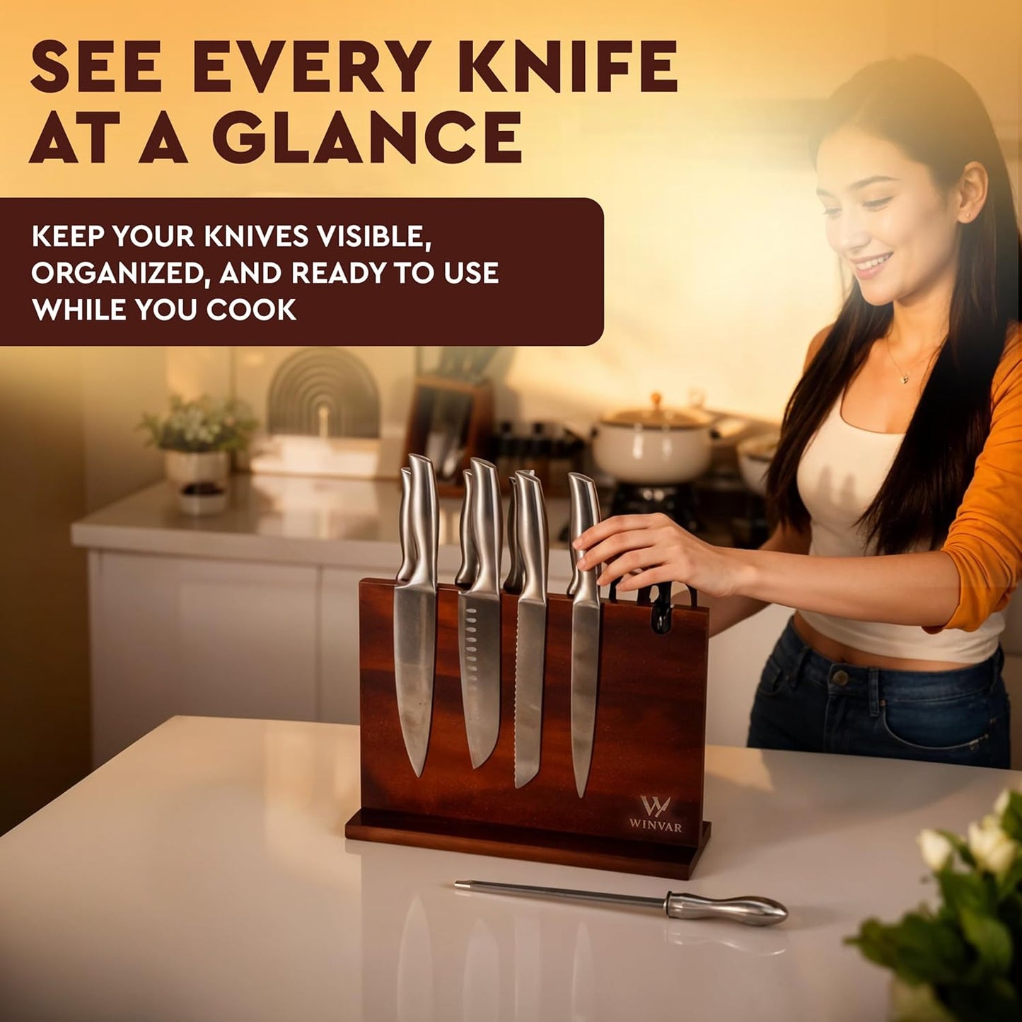 Acacia Wood Magnetic Knife Block with Sharpener — 14 x 10 in Double Sided Magnetic Knife Holder with Built-In Sharpener — Warm Wood Countertop Knife Display Stand for Knives, Scissors, & Tools