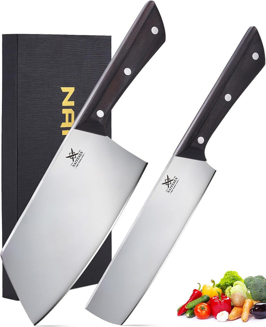 2PCS Cleaver Knife Set, Meat Cleaver & Nakiri Vegetable Knife | Razor Sharp with Gift Box High Carbon Steel Full Tang Handle for Meat Vegetable Cutting Kitchen Cooking Gifts for Men Women