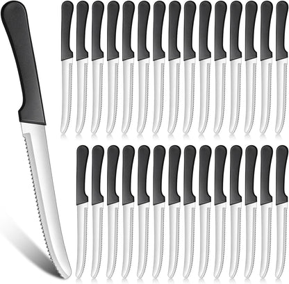 30 Pack Serrated Steak Knives, Stainless Steel, 8.4 in, Restaurant | Commercial, Bulk Set for Home or Restaurant, Black Plastic Handle, Rounded Tip, Dishwasher Safe