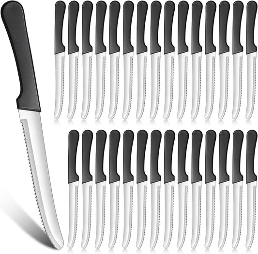 30 Pack Serrated Steak Knives, Stainless Steel, 8.4 in, Restaurant | Commercial, Bulk Set for Home or Restaurant, Black Plastic Handle, Rounded Tip, Dishwasher Safe