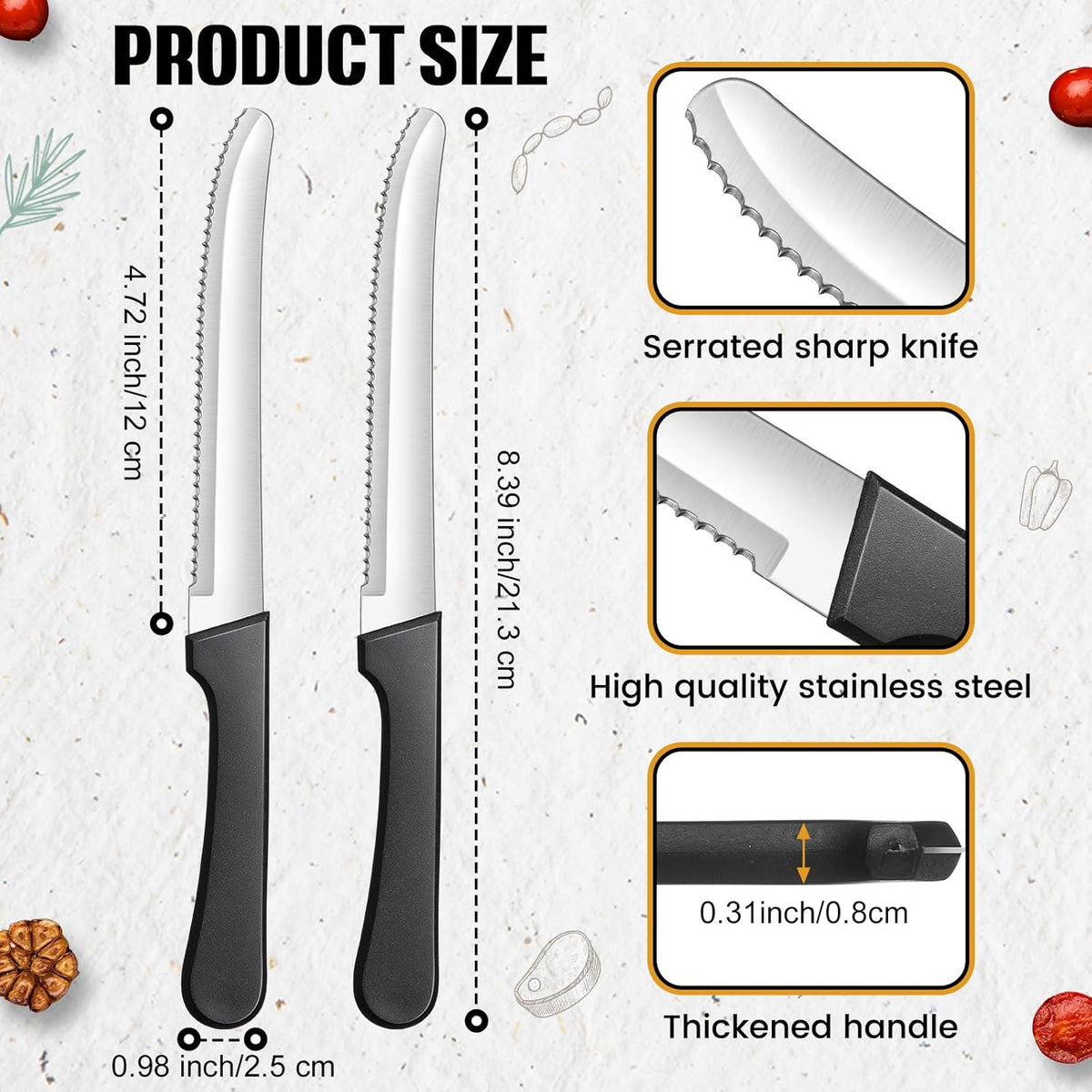 30 Pack Serrated Steak Knives, Stainless Steel, 8.4 in, Restaurant | Commercial, Bulk Set for Home or Restaurant, Black Plastic Handle, Rounded Tip, Dishwasher Safe