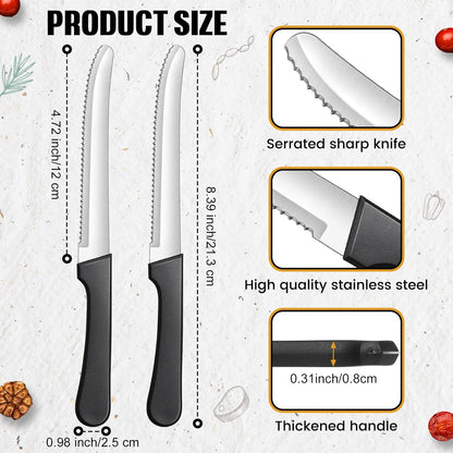 30 Pack Serrated Steak Knives, Stainless Steel, 8.4 in, Restaurant | Commercial, Bulk Set for Home or Restaurant, Black Plastic Handle, Rounded Tip, Dishwasher Safe