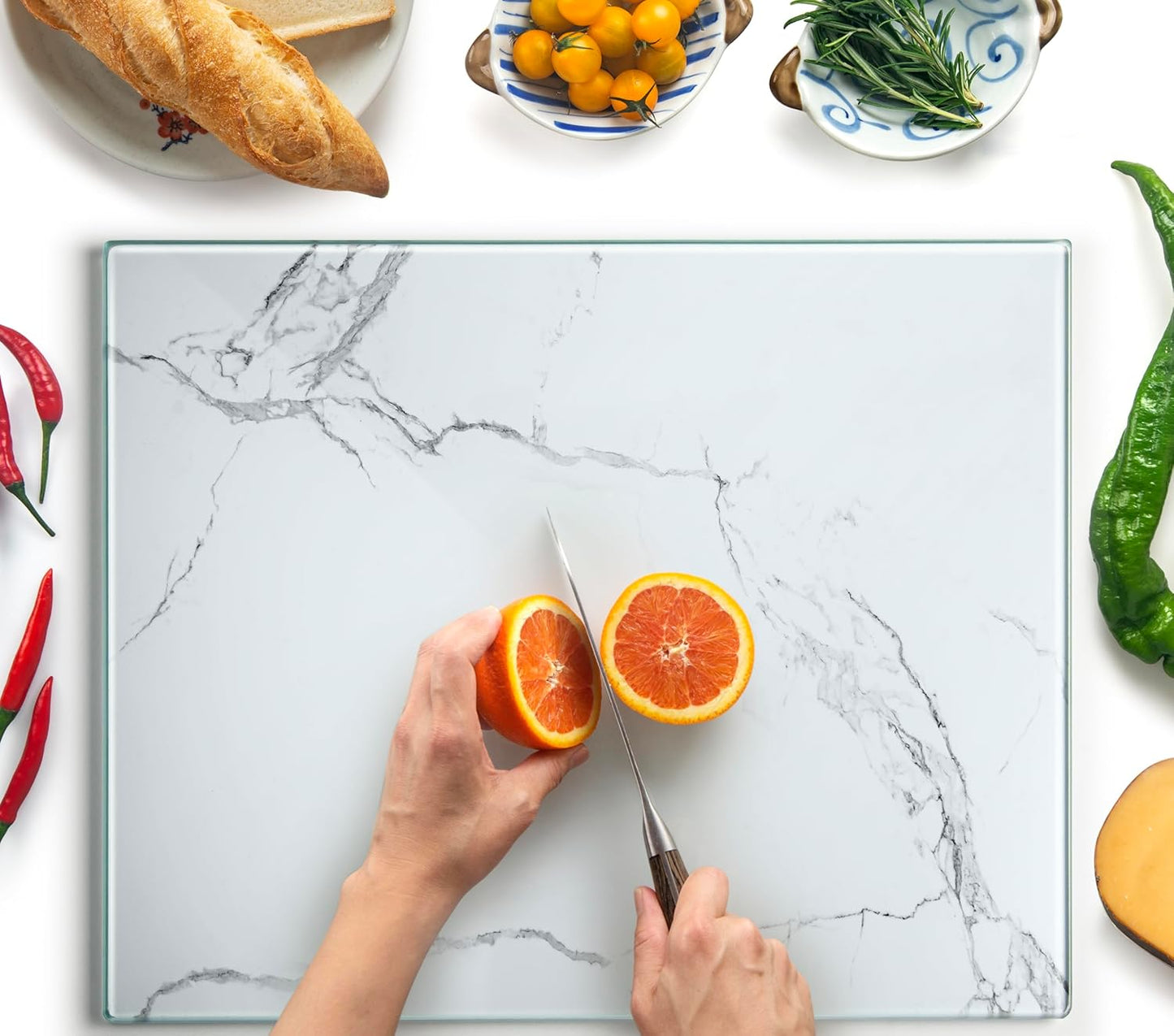 Kitchenville Glass Cutting Board 20”x16”: Tempered Glass Kitchen Counter Protector - Durable- Scratch-Resistant, Heat-Proof - Design 8 - Grey & Gold