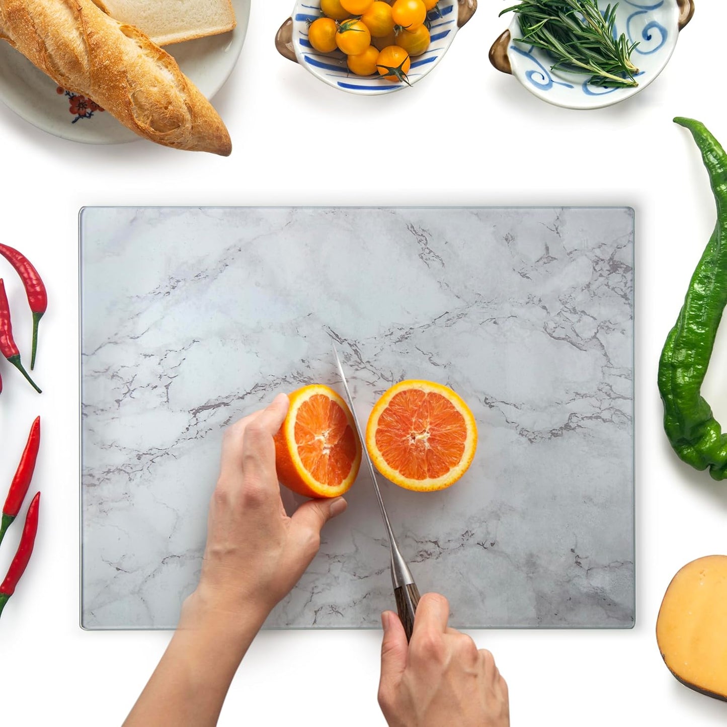 Kitchenville Glass Cutting Board 20”x16”: Tempered Glass Kitchen Counter Protector - Durable- Scratch-Resistant, Heat-Proof - Design 8 - Grey & Gold