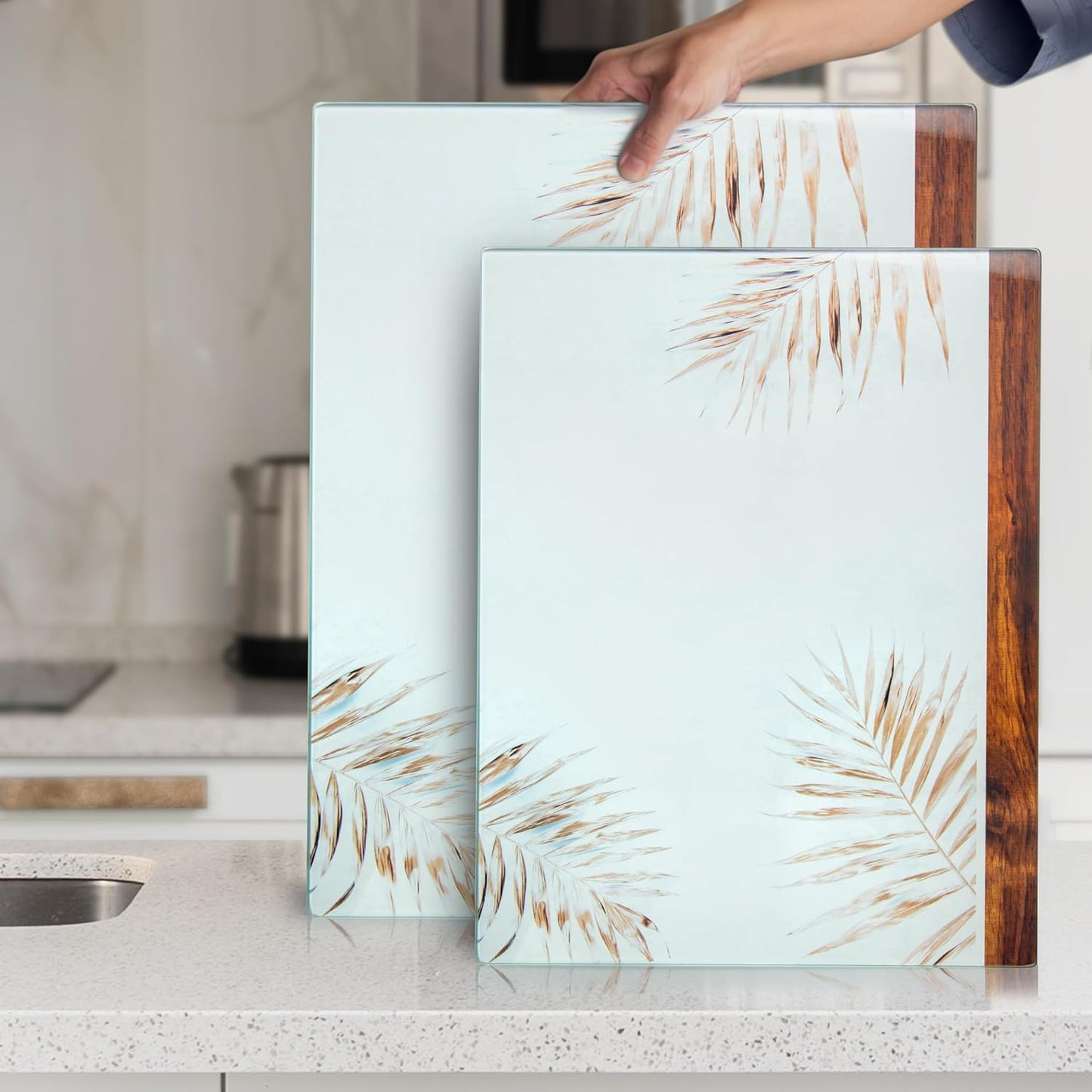 Kitchenville Glass Cutting Board 20”x16”: Tempered Glass Kitchen Counter Protector - Durable- Scratch-Resistant, Heat-Proof - Design 8 - Grey & Gold