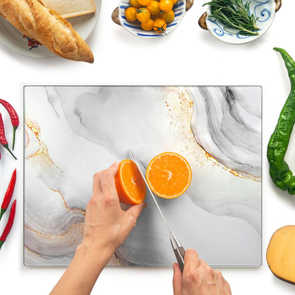 Kitchenville Glass Cutting Board 20”x16”: Tempered Glass Kitchen Counter Protector - Durable- Scratch-Resistant, Heat-Proof - Design 8 - Grey & Gold
