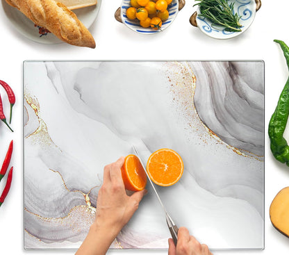 Kitchenville Glass Cutting Board 20”x16”: Tempered Glass Kitchen Counter Protector - Durable- Scratch-Resistant, Heat-Proof - Design 8 - Grey & Gold