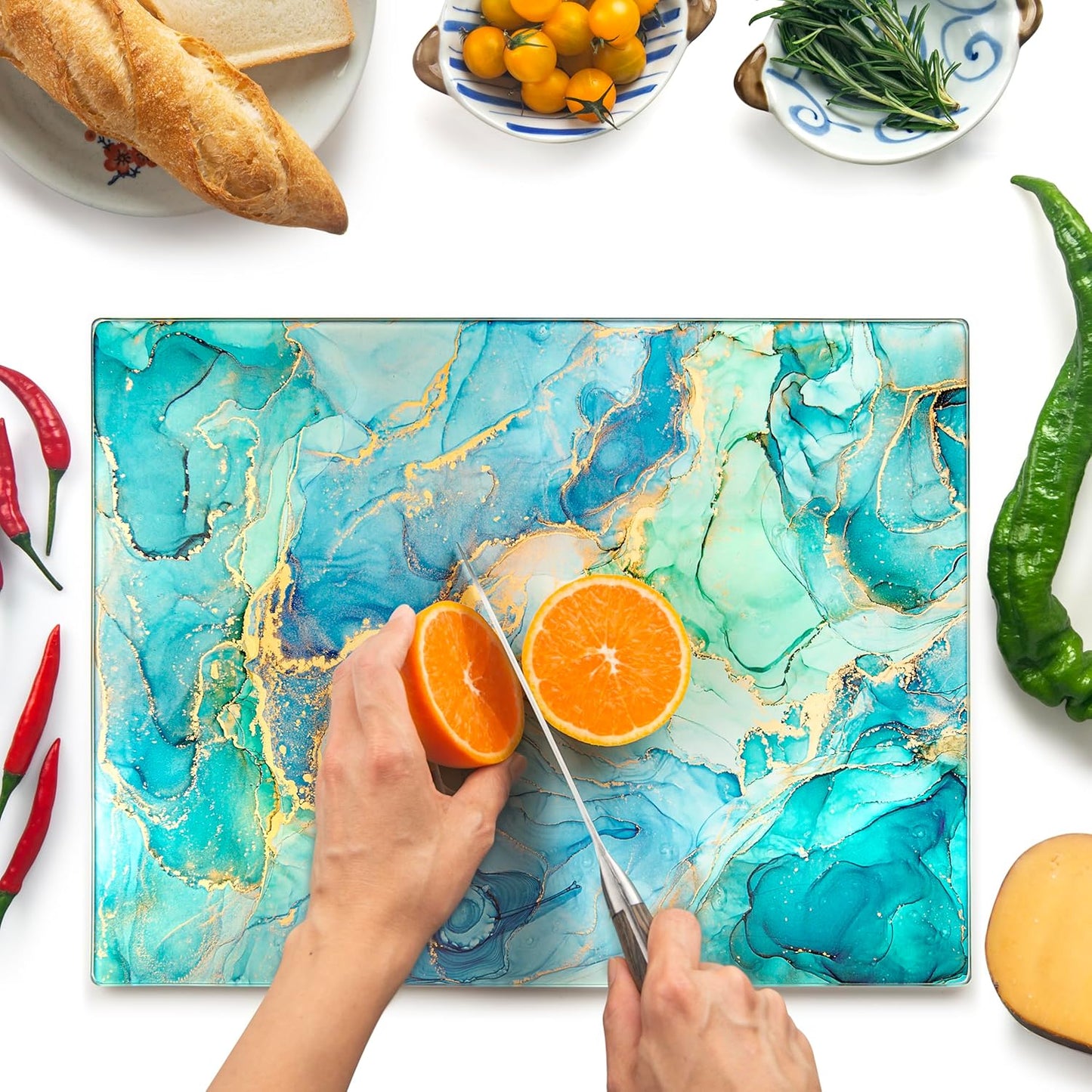 Kitchenville Glass Cutting Board 20”x16”: Tempered Glass Kitchen Counter Protector - Durable- Scratch-Resistant, Heat-Proof - Design 8 - Grey & Gold