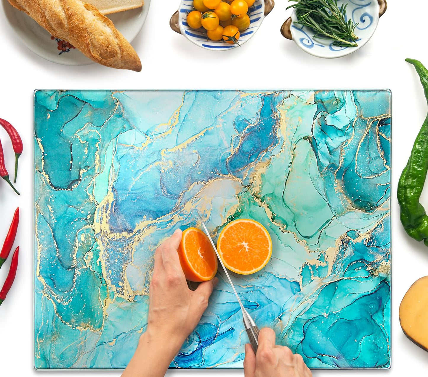Kitchenville Glass Cutting Board 20”x16”: Tempered Glass Kitchen Counter Protector - Durable- Scratch-Resistant, Heat-Proof - Design 8 - Grey & Gold