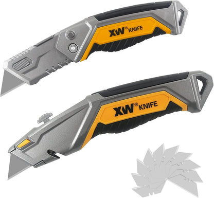 Utility Knife Set, Heavy Duty Zinc Alloy Retractable Box Cutter and Folding Utility Knife with Blade Storage Design, Total 18 PCS Blades Included, 2-Pack