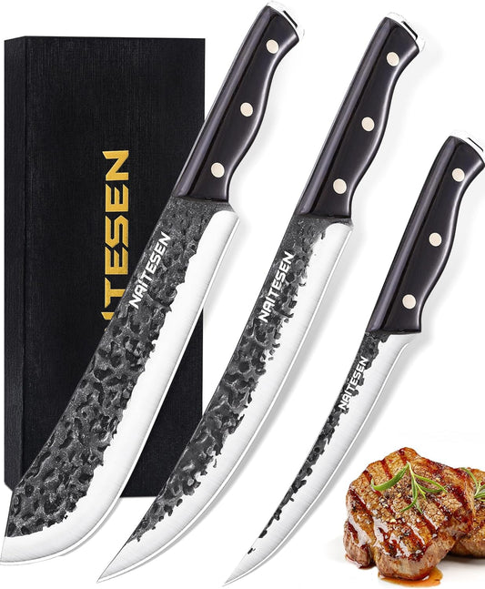 3PCS Professional Butcher Knife Set for Men with Gift Box | Bullnose Brisket Carving Knives Breaking Boning Knife Hand Forged Very Sharp for Meat Cutting Home Kitchen Cooking BBQ