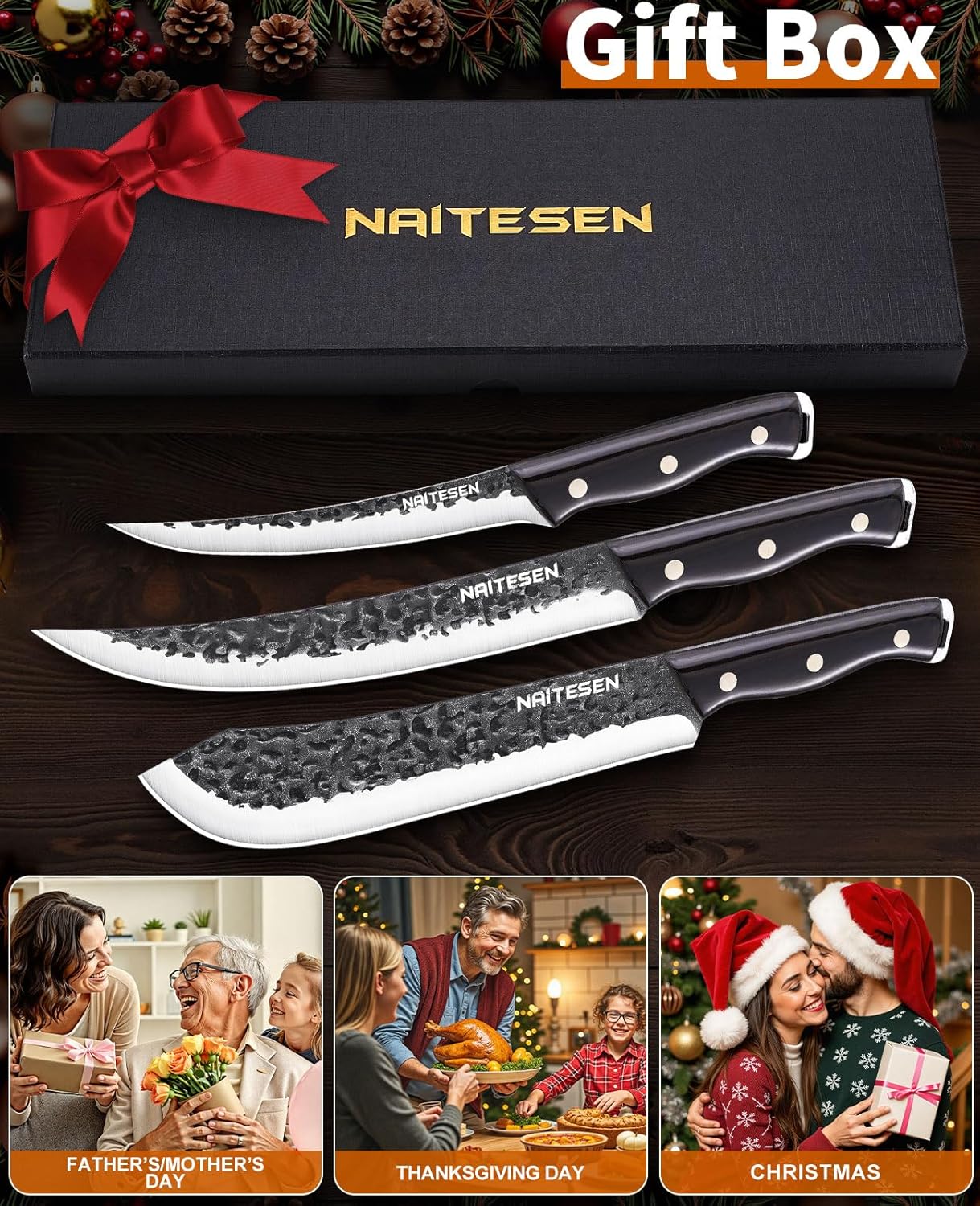 3PCS Professional Butcher Knife Set for Men with Gift Box | Bullnose Brisket Carving Knives Breaking Boning Knife Hand Forged Very Sharp for Meat Cutting Home Kitchen Cooking BBQ