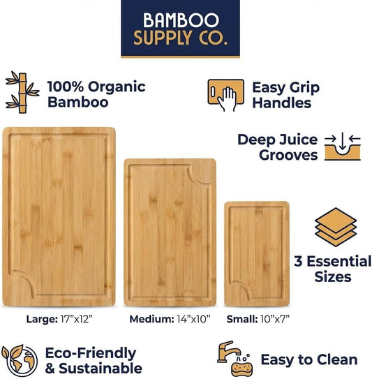 Bamboo Cutting Board Set of 3 – Durable Bamboo Chopping Boards for Kitchen – Juice Grooves, Knife-Friendly
