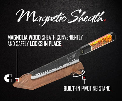 Concord Genbu Traditional Japanese Chef's Knife Raw Hammered Double Beveled 9CR18MOV Blade w/ 60 HRC. Tortoise Shell Resin Handle. Comes with Magnetic Magnolia Wood Sheath with Stand. (8" Gyuto)