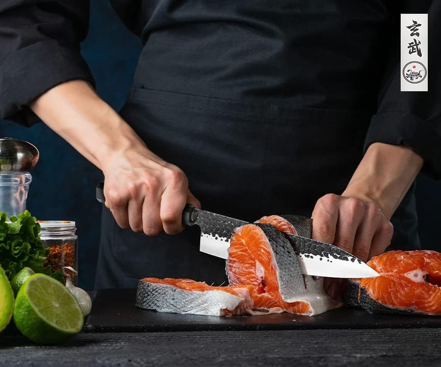 Concord Genbu Traditional Japanese Chef's Knife Raw Hammered Double Beveled 9CR18MOV Blade w/ 60 HRC. Tortoise Shell Resin Handle. Comes with Magnetic Magnolia Wood Sheath with Stand. (8" Gyuto)