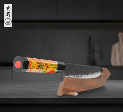 Concord Genbu Traditional Japanese Chef's Knife Raw Hammered Double Beveled 9CR18MOV Blade w/ 60 HRC. Tortoise Shell Resin Handle. Comes with Magnetic Magnolia Wood Sheath with Stand. (8" Gyuto)
