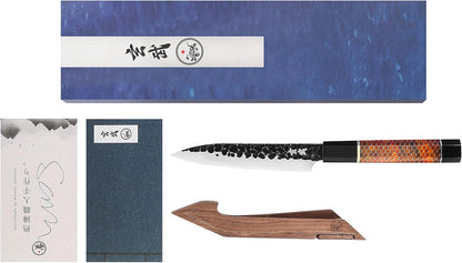Concord Genbu Traditional Japanese Chef's Knife Raw Hammered Double Beveled 9CR18MOV Blade w/ 60 HRC. Tortoise Shell Resin Handle. Comes with Magnetic Magnolia Wood Sheath with Stand. (8" Gyuto)